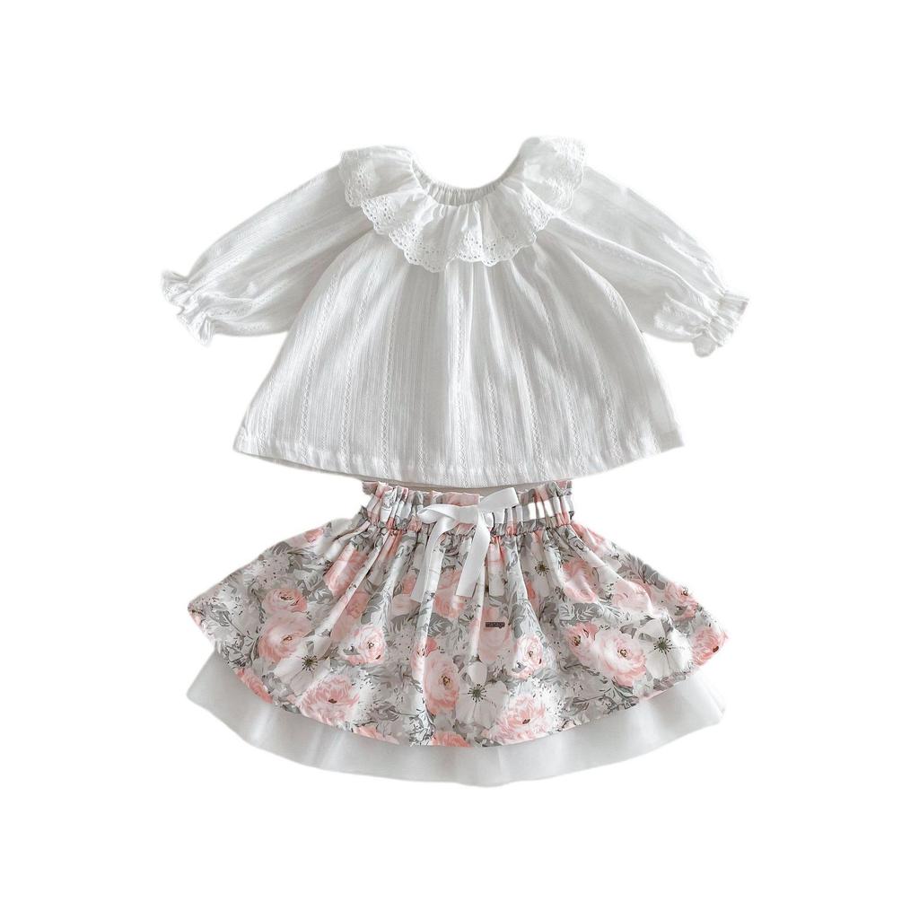 Girls' 2025 Spring Babydoll Top & Floral Skirt Set - Fresh Two-Piece Children's Dress