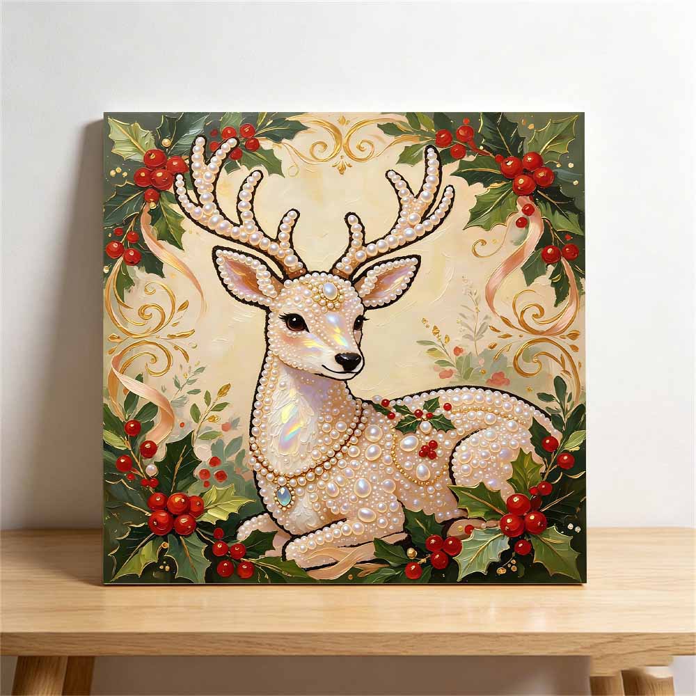 DIY Mini Framed Pearl Bead Art Kit Christmas Reindeer Design Sparkling Canvas Painting Relaxing Craft for Adults Holiday Home Decor Gift