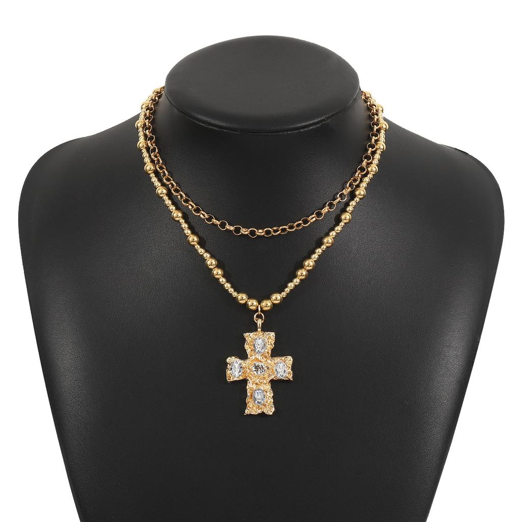 Tooxika Exaggerated Metal With Diamonds Cross Pendant Necklace Set Retro Literary Light Luxury Collarbone Chain