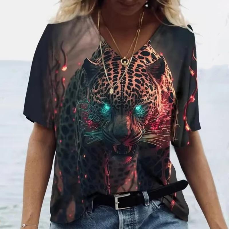 Summer Vintage Animal Tiger T-Shirts 3D Print Women's Casual Short Sleeve V-Neck T Shirt Y2K Tees Harajuku Tops Female Clothing