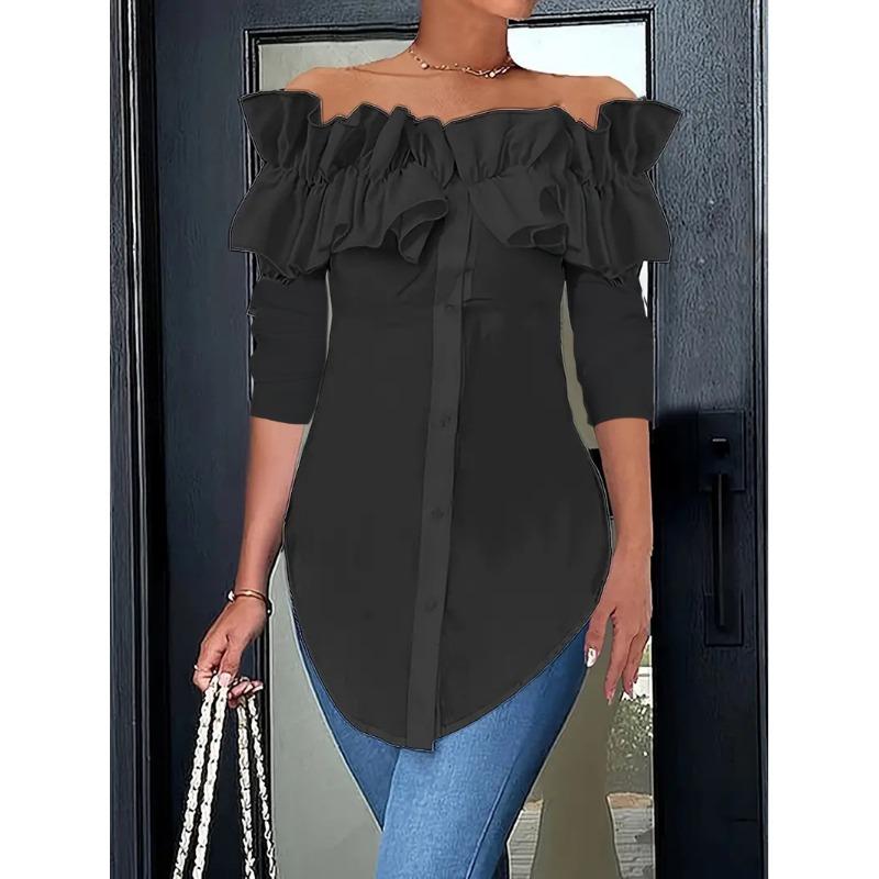 Neues schulterfreies Rüschenlangarmshirt Frühling Damen Casual Unregelmäßige Bluse Einfarbig Slim Fit Mode Büro-Dame Oberteil