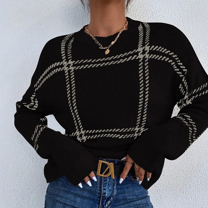 Womens Winter Loose Fit Crew Neck Knit Sweater With Plaid Acrylic Blend Casual Office Wear