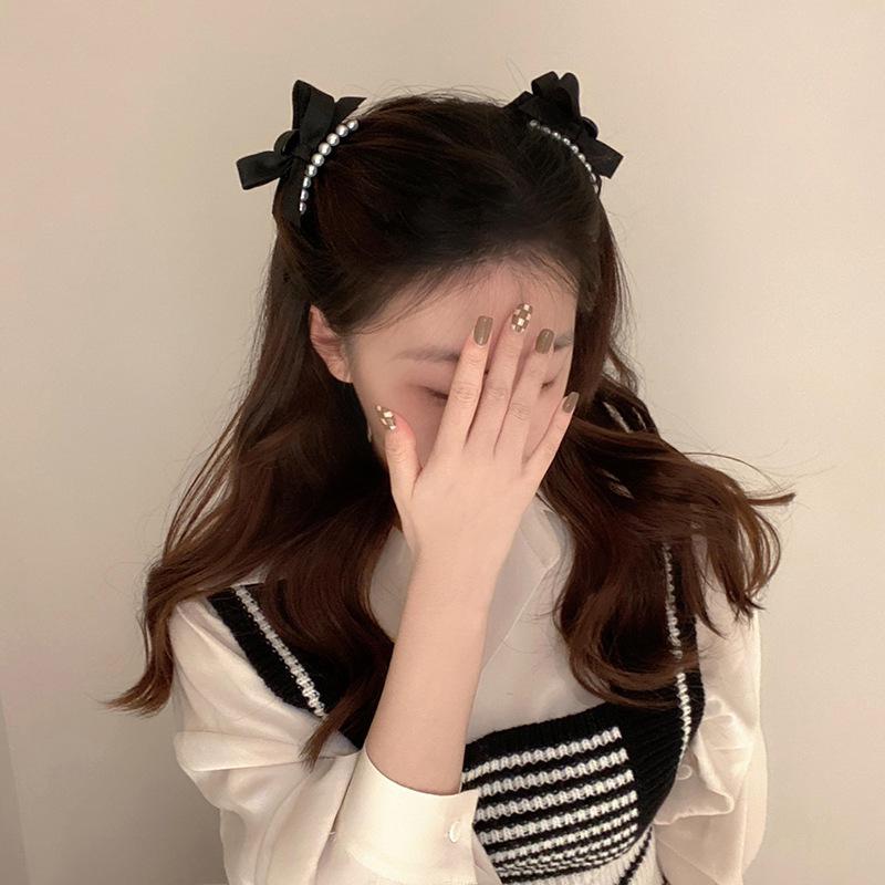 Korean pearl bow hairpin female side bangs clip forehead hairpin clip Internet celebrity small grab clip edge clip
