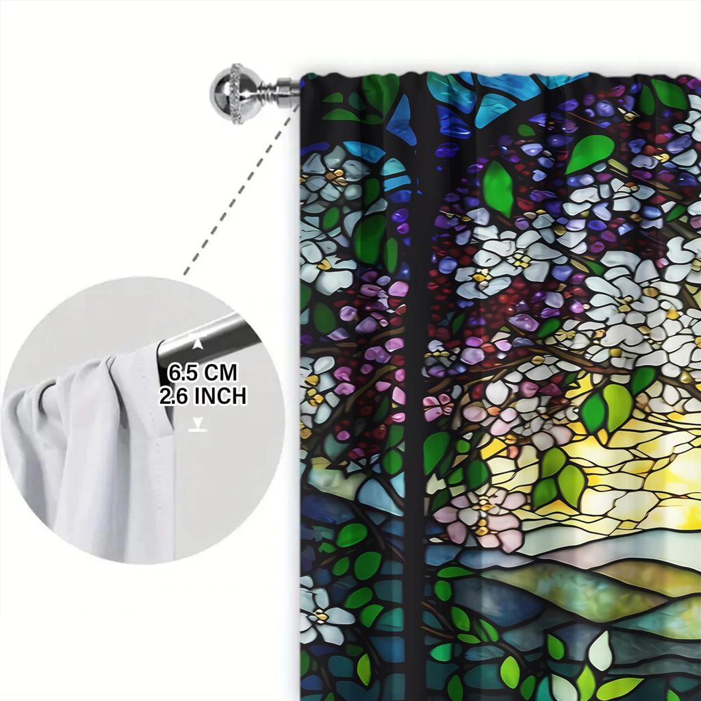 2 Stück Buntglas Baum Fenster Bedruckter Vorhang für Heimdeko - Stangentasche Fensterbehandlung für Schlafzimmer, Büro, Küche