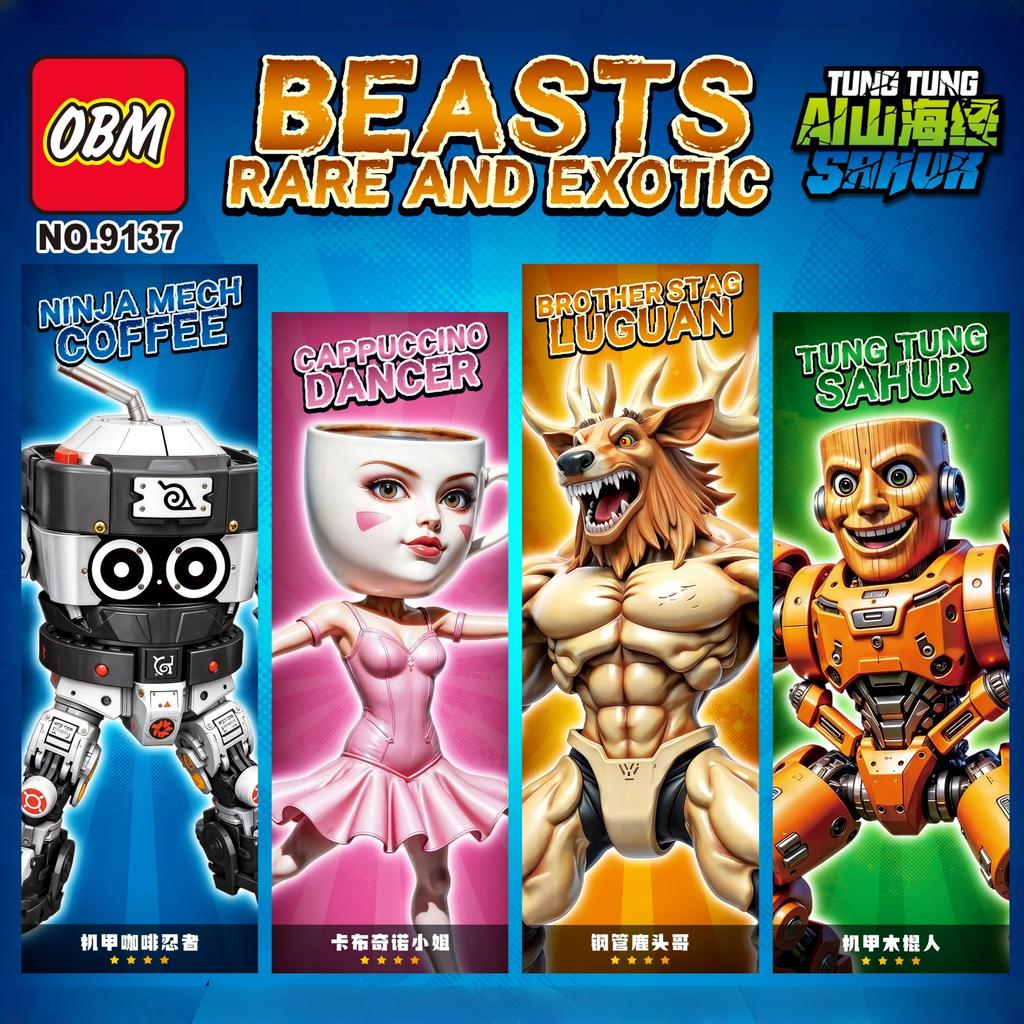 Ninja Mech Kaffee Cappuccino Bausteine Set Tung Tung Tung Sahur Tralalero Tralala Haifisch Spielzeug Kinderspielzeug Erwachsenengeschenk