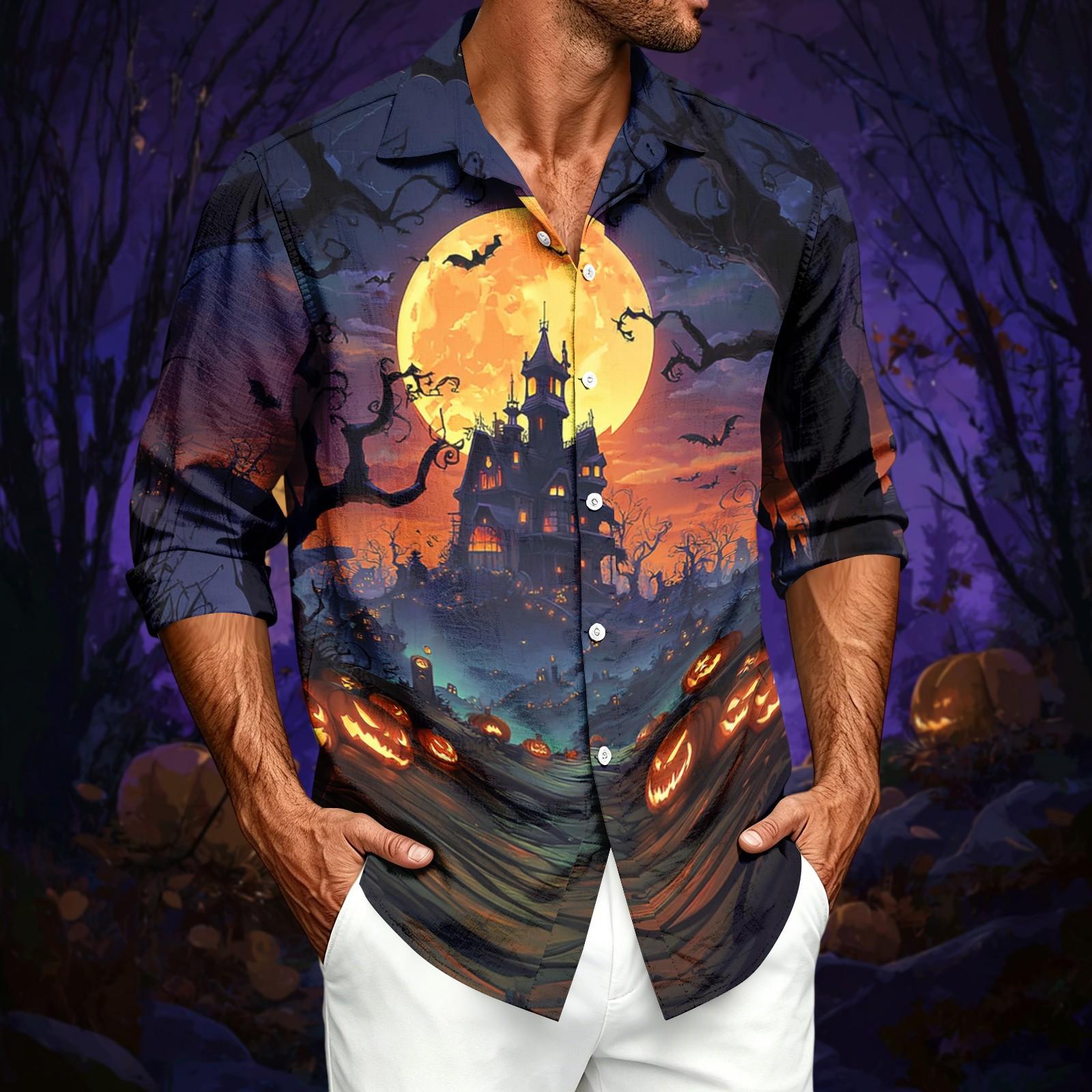 Men s Casual Loose Fit Printed Long Sleeve Button-Down Shirt S