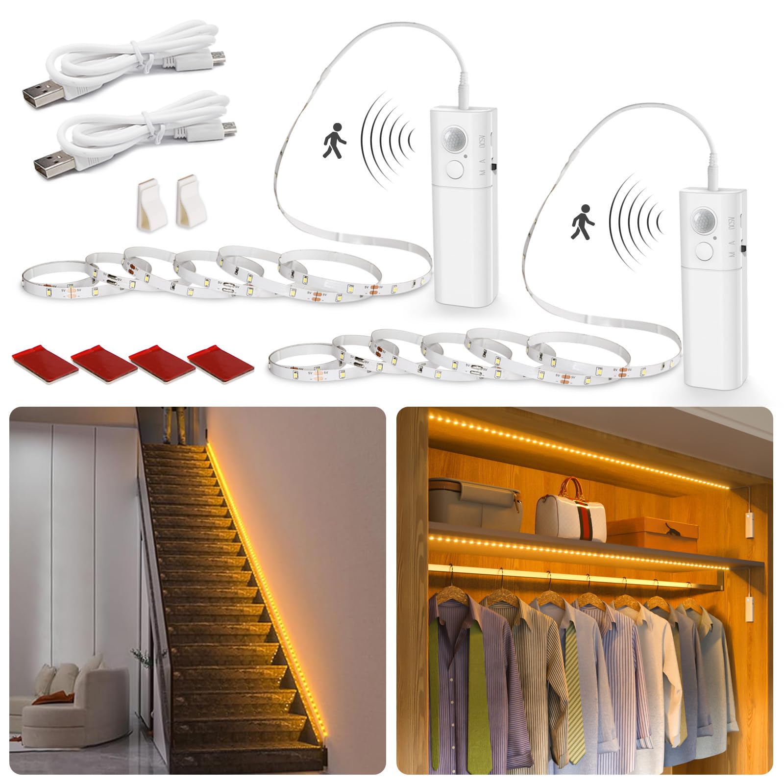 

Wobane Motion Sensor LED Strip Light, 4m, Rechargeable, 2200mAh, 2m x 2 Strips, Stairs, Footwell, Ambient Lighting, Stick-On, Light Sensor, Indoor