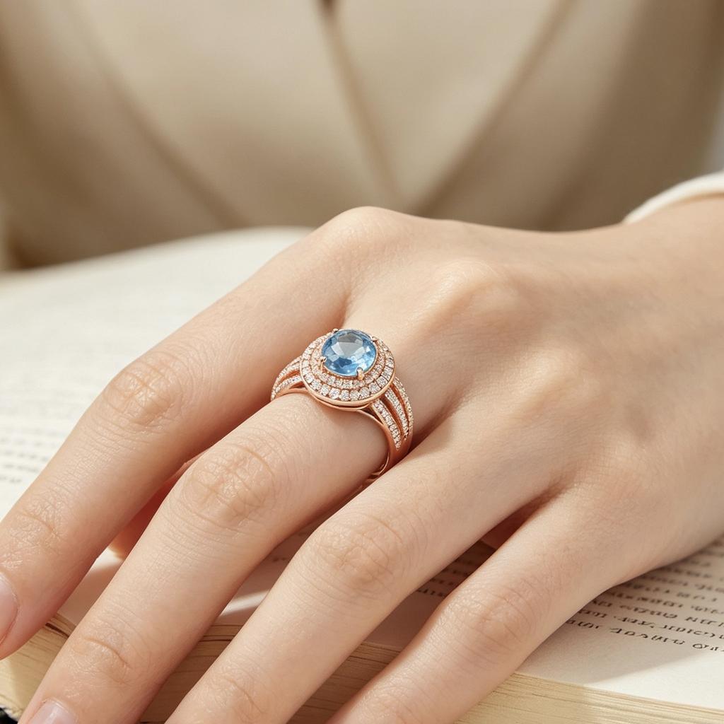 Gold Color Ring for Women Fashion Party Daily Versatile Luxury Wedding Inlaid Shiny Blue CZ Elegant Accessories Jewelry