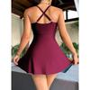 European and American Solid Color Sleeveless Chest Pleated Waist Dress One-piece Women's Swimsuit