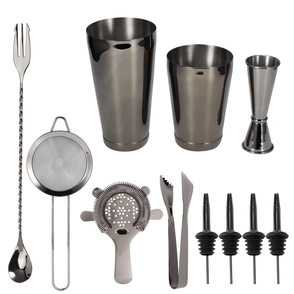 11-teiliges/Set Multifunktions-Cocktailshaker-Werkzeugset aus Edelstahl Bar Barkeeper Zubehör Schwarz