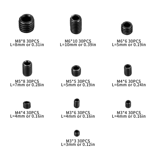 Hex Socket Set Screw Set, Headless Screws, Carbon Steel Threaded Screws, Hollow, Internal Hex Grub Screws (M3 M4 M5 M6 M8), 300 Pieces, Hex Key Wrench