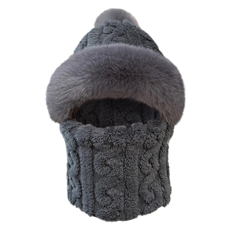 Thickened One Piece Hat for Women Winter Fur Ball Twist Neck Scarf Hat  One Piece Cycling Warm and Windproof High Quality Plush Hat