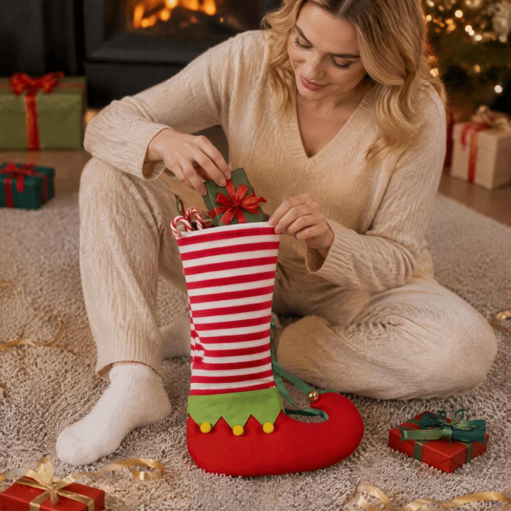 Stripe Christmas Stocking Gift Bag Retro Xmas Tree Hanging Socks Christmas Elf Stocking New Year