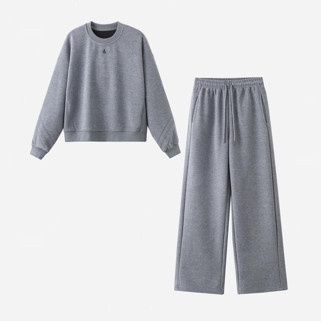 Women's Fleece-Lined Grey Hoodie Set - Warm, Versatile, Casual Round Neck, Perfect for Autumn/Winter.
