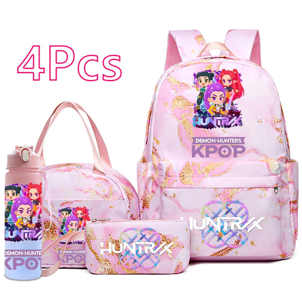 4Pcs/set Cartoon K-Pop Printed Backpack Handbag Pencil Case with 750Ml Water Bottler for Teenager Boy Girl Schoolbag Large Capacity Bookbag Mochila