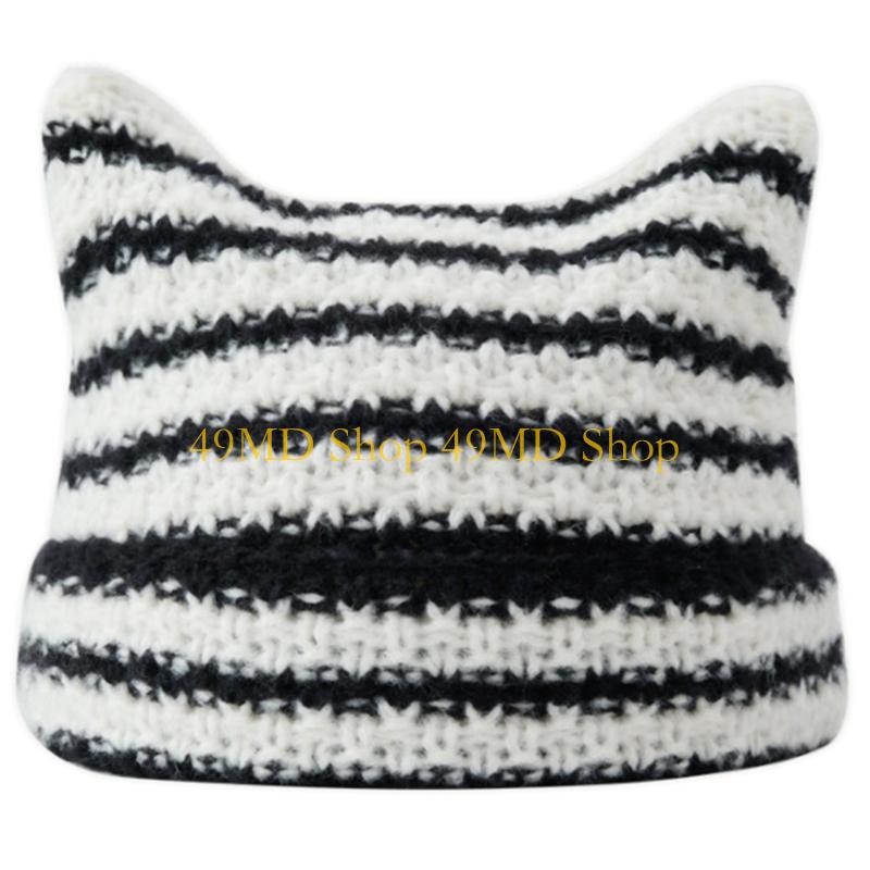 49MD Devil Horn Hat Little Devil Hat Ear Beanie Skullies Beanie Striped Knit Hat