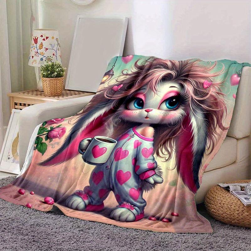 1pc Adorable Bunny with Heart Print Blanket - Perfect for Home, Office, Outdoor Use, Gift Idea,
