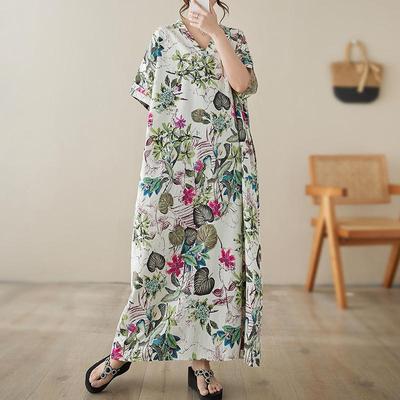 Short Sleeve Plus Size Vintage Floral New In Dresses for Women Casual Loose Maxi Long Summer Dress