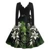 Abito Casual da Donna con Scollo a V e Maniche Lunghe con Stampa Vintage per Outfit da Festa Retro di Halloween