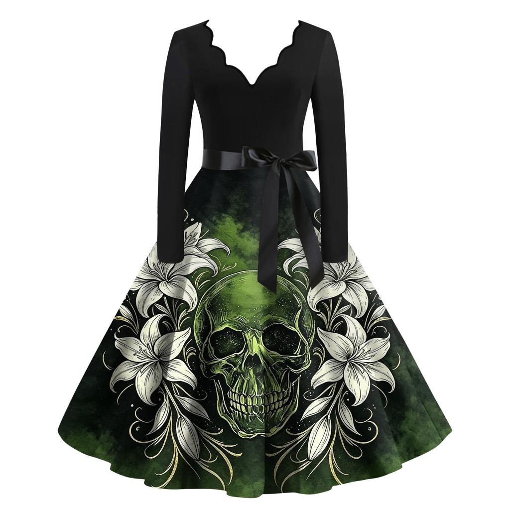 Abito Casual da Donna con Scollo a V e Maniche Lunghe con Stampa Vintage per Outfit da Festa Retro di Halloween