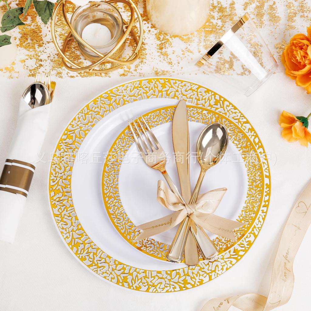 Disposable Tableware Set Rose Gold Ps Hard Plastic Hollow Plate Gold-Plated Knife, Fork And Spoon Party Plate