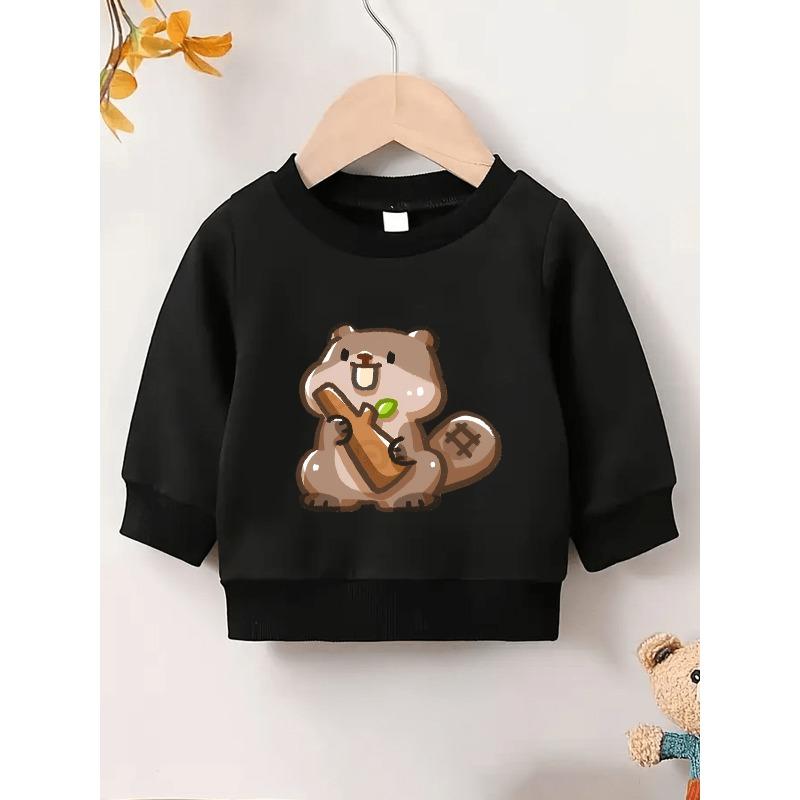 European Sizes Cute Beaver Print Sweatshirt for Kids Aged 0-3, Featuring Long Sleeves And a Round Neck