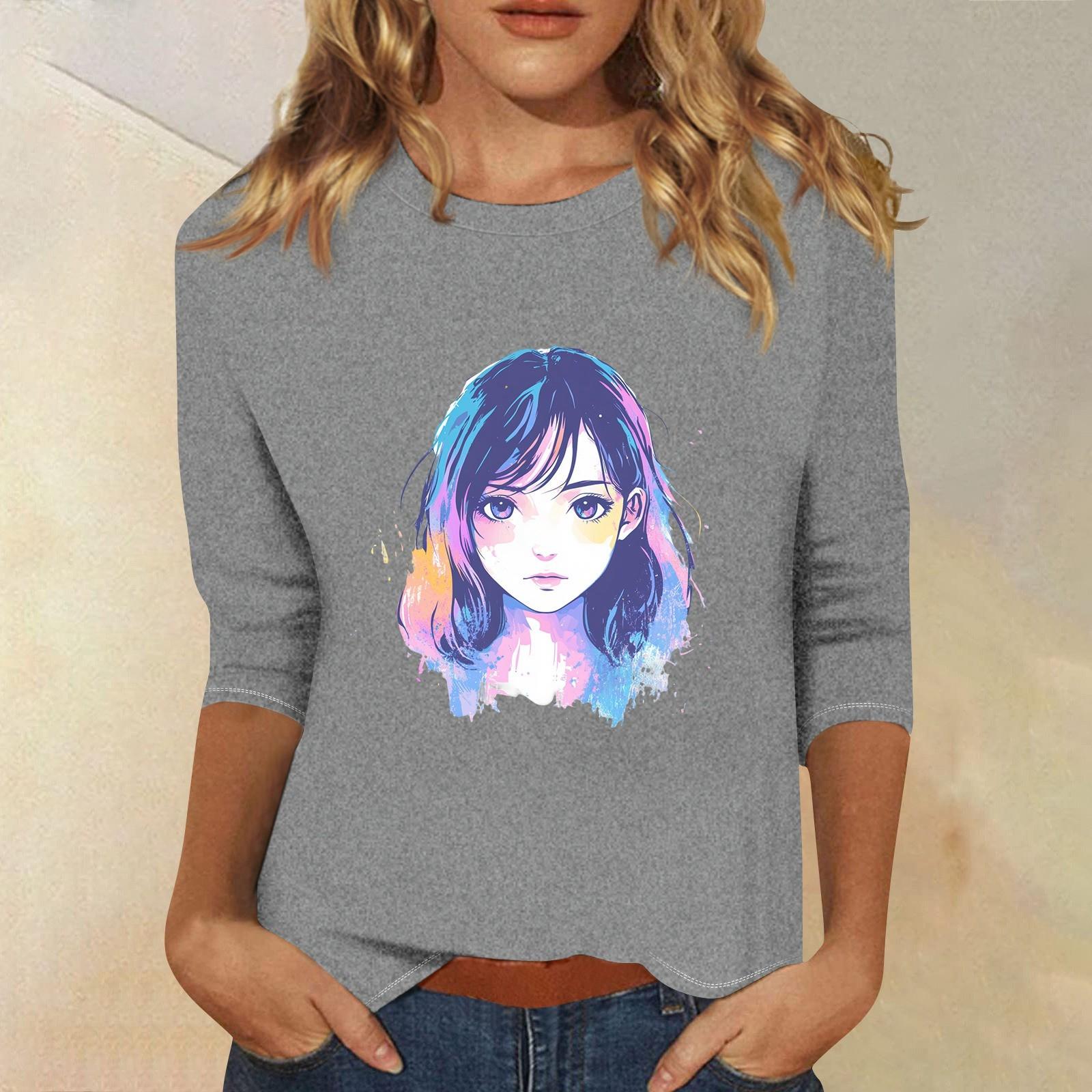 3/4 рукава топы для женщин футболка повседневные принты топы футболка круглый вырез пуловер блузка L