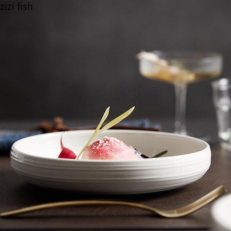 Circular Ceramic Dinner Plate Restaurant Salad Bowl Thick Soup Bowl Snack Plate Dessert Plate Pasta Plates Solid Color Tableware