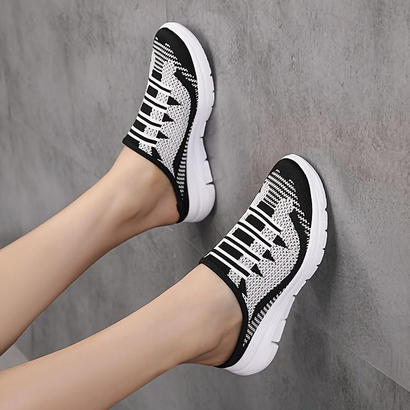 Women's Plus Size Slip-On Sneakers - Casual & Lightweight, Black and White Striped Knit Upper with EVA Sole Woman Shoes