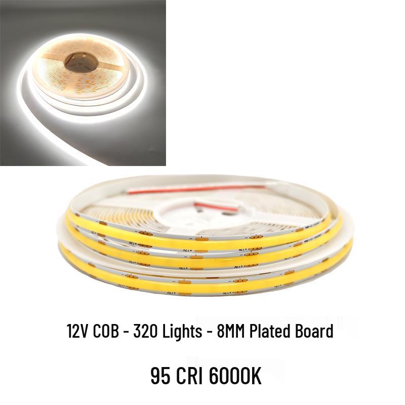 COB LED Strip Light 12V/24V, 320/480 LEDs, 8MM, 90 CRI, Self-Adhesive, Aluminum Channel.