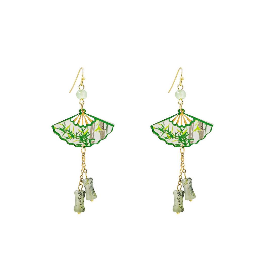 Retro Chinese Bamboo Tassel Earrings: Hanfu-Inspired Transparent Fan Design for Women