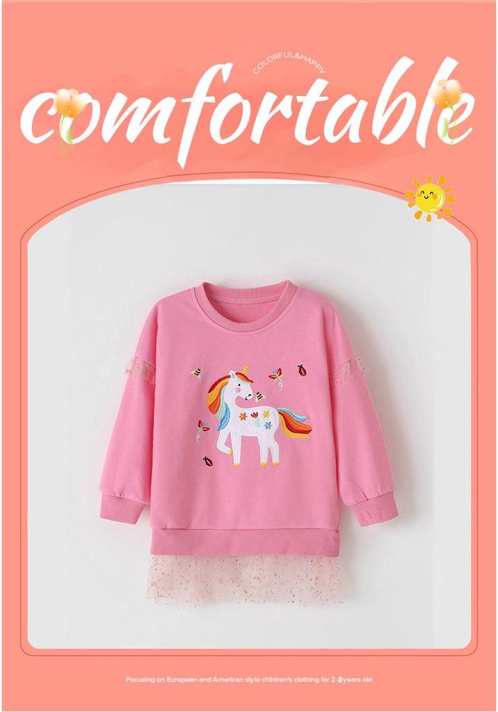 European Style Unicorn Embroidered Mesh Pullover Hoodie for Girls - Knitted Cotton Base Layer for Kids