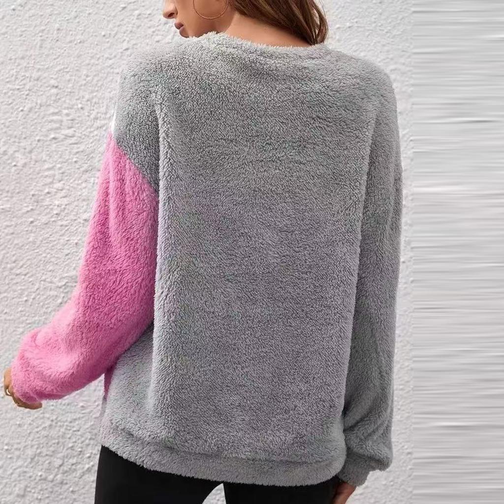 Women's Fashion Casual Round Neck Contrasting Color Drop Shoulder Sleeve Fleece Long Sleeve Pullover Top