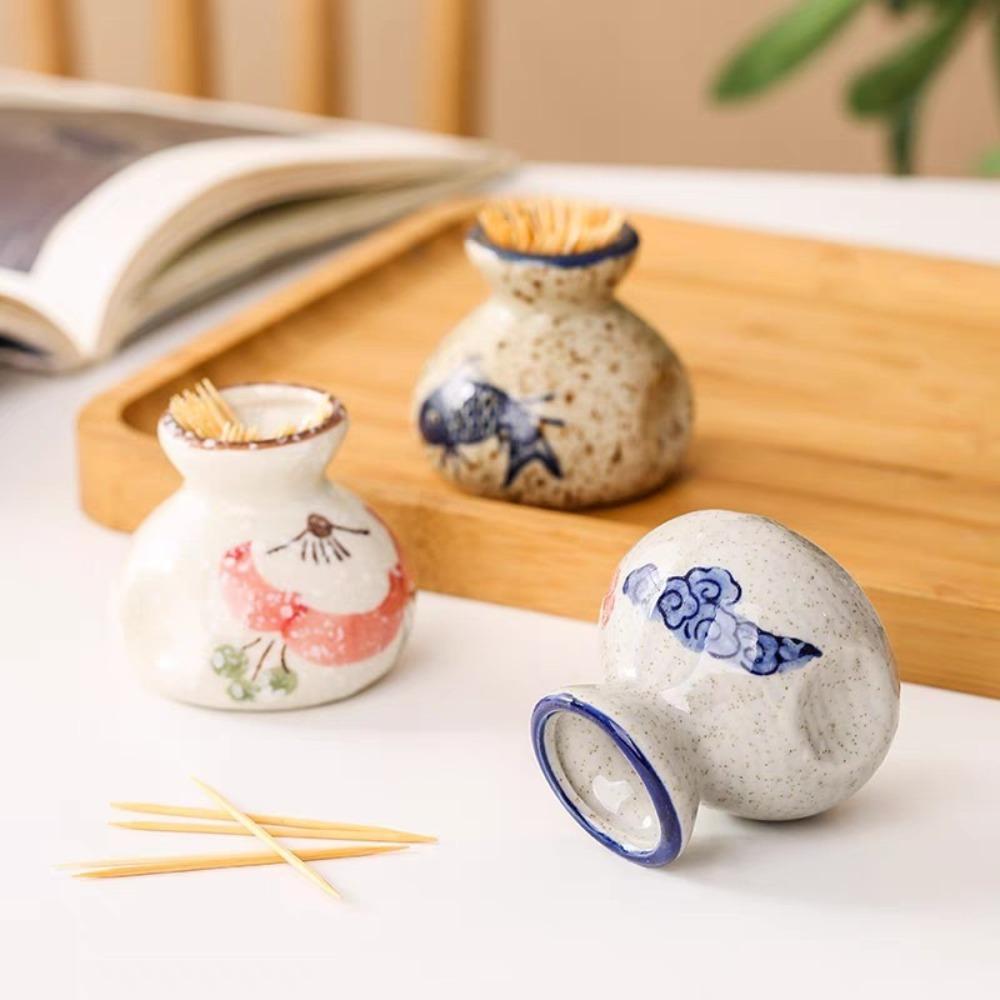 1 Count 2.2inch Toothpick Storage Jar Fish Flower Pattern Ceramic Toothpick Holder Hibiscus Blue Flower Toothpick Organizer