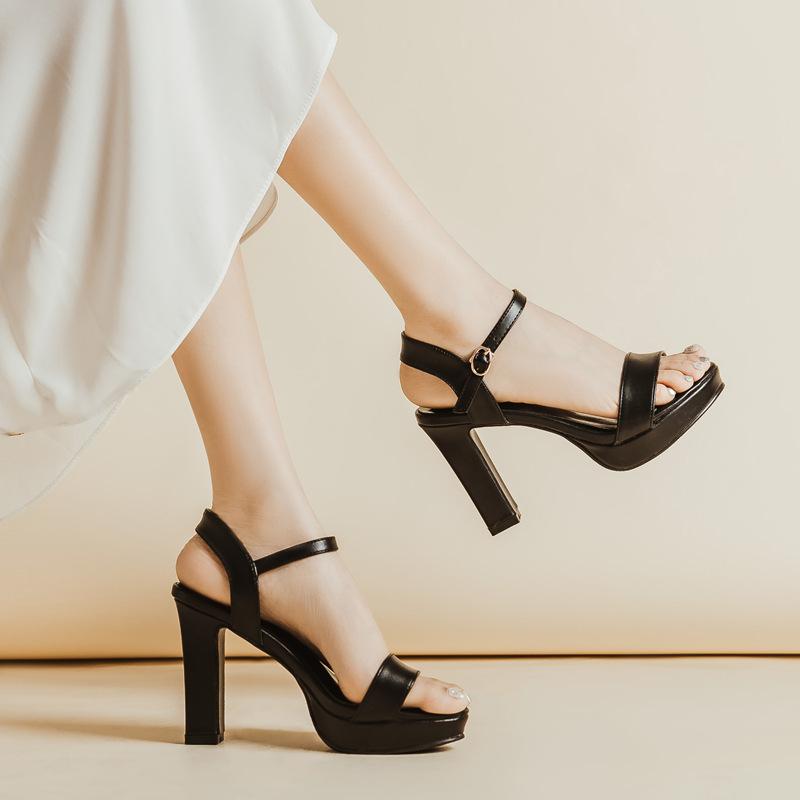 

Summer new sandals women s thick heel one-word buckle high heels 10cm heel high waterproof table open-toed women s shoes leather surface 34