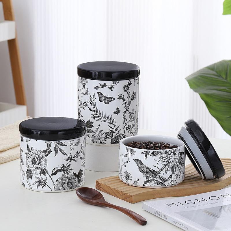 Flower and Bird Patterned Ceramic Storage Jar, Candy Jar, Coffee Bean Sealed Jar, Food Storage Container, Kitchen Storage Box