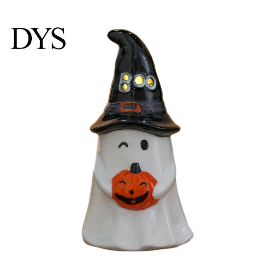 Ceramic Ghost Pumpkin Light Halloween Tealight Holder, Lighted Figurine with Indoor Party Atmosphere Lamp Witch Hat, Tiered Tray Tabletop Decor