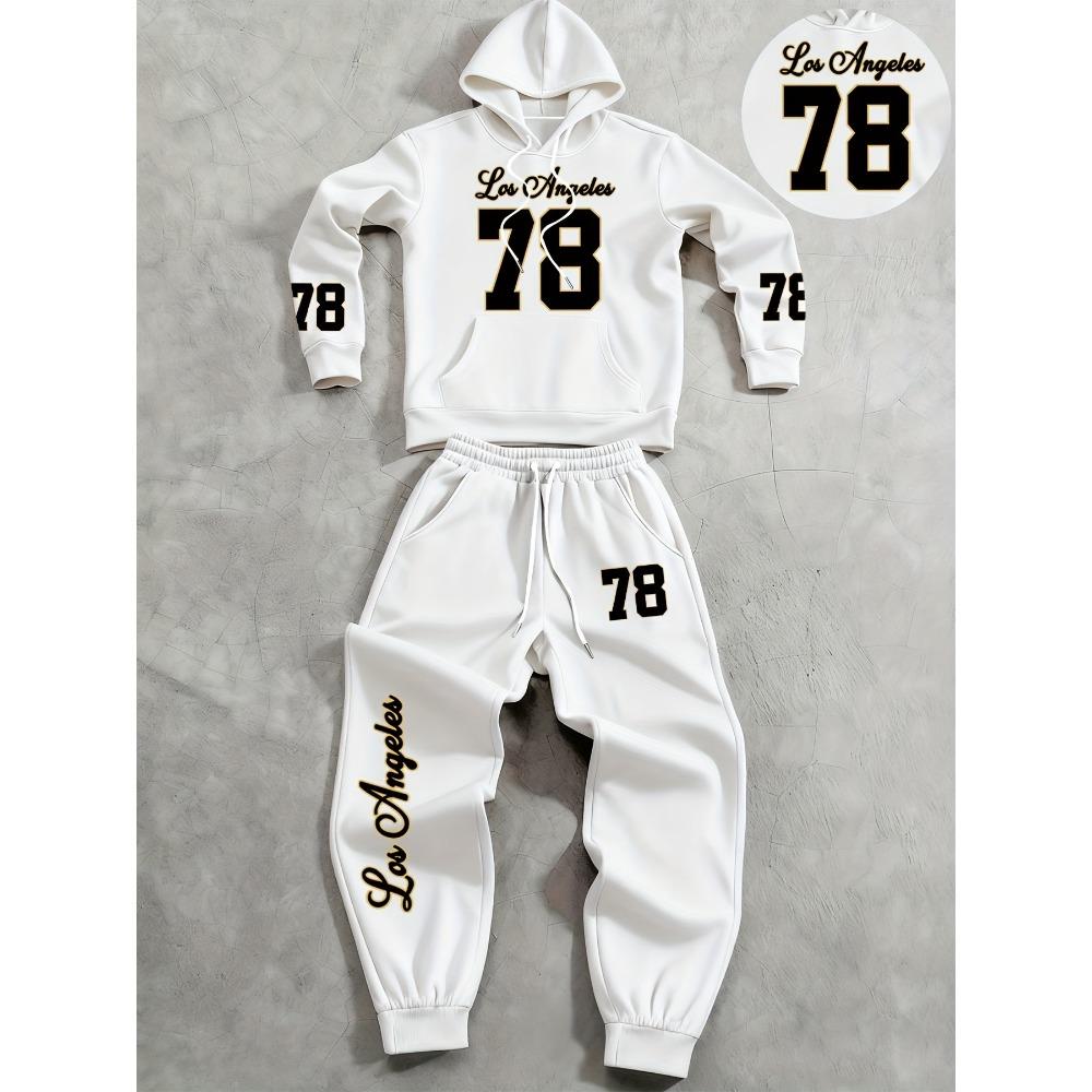 

Cool Men s Casual Two Piece Set with Letter Pattern Printed Hoodie, Drawstring Pocket, and Drawstring Outdoor Casual Sports Pants S белый
