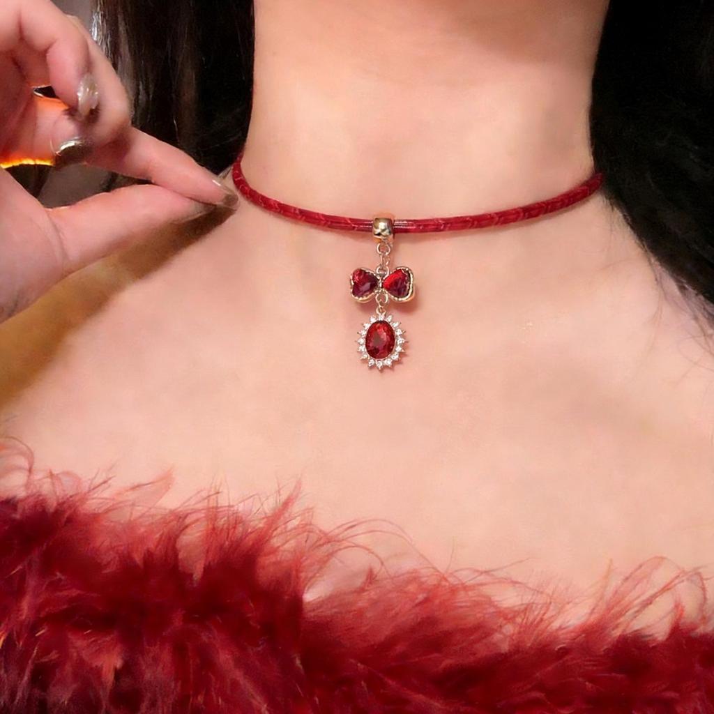 Wine Red Velvet Choker with Heart and Cross Pendant Necklace for Women