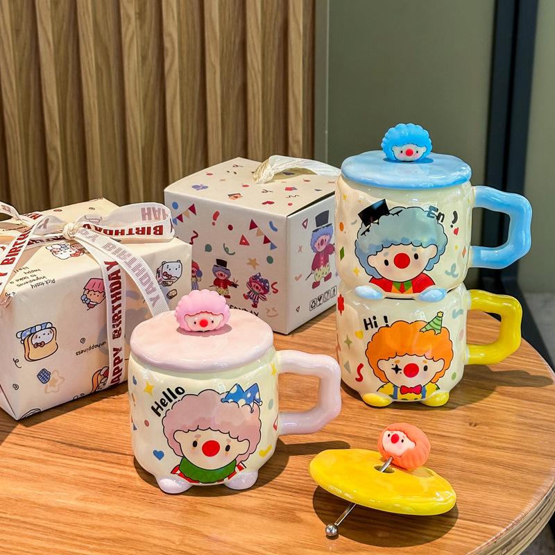 Cute Milk Fufu Clown Cup Cartoon Ceramic Mug with Lid Spoon Children Drinking Water Cup Girls Birthday Gift