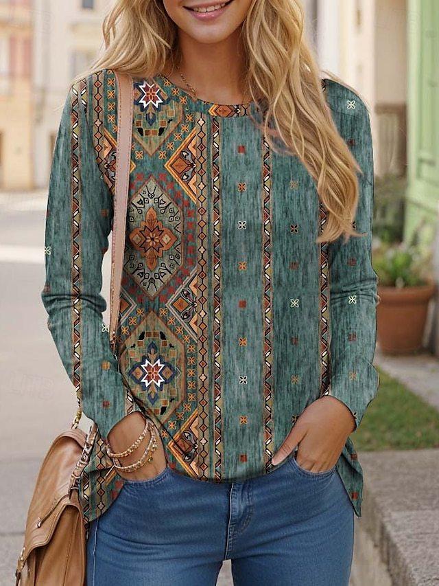 Jarní a podzimní dámská trička s kulatým výstřihem, 3D vintage květinovým potiskem, módní a ležérní s dlouhým rukávem