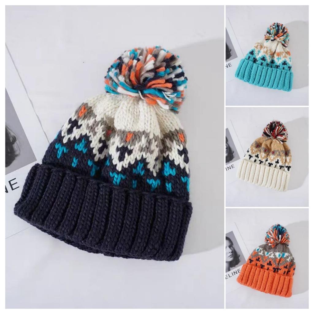 Damen Winter Verdickte Warme Grobstrickmütze, Winter Kälteabweisende Ohrenschützende Mütze Für Runde Und Eckige Gesichter Mit Jacquardmuster Und Bommel