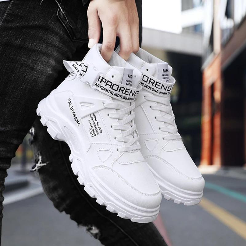 Høye Herrestøvler Mote Lær Herresneakers Komfort Plattform Motorsykkelstøvler Utendørs Sklisikre Herre Ankelstøvler Botas Hombre