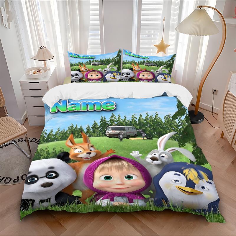 Custom Name Happy Cartoon Animal Friends Print 3Pcs Bedding Set Duvet Cover With 2 Bedro Pillowcase Home Birthday Gift