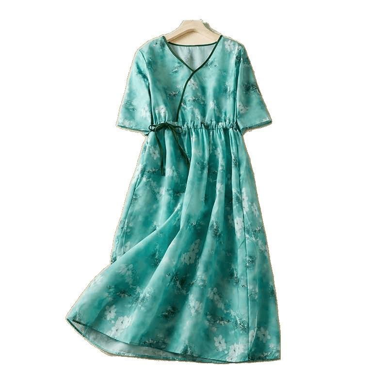 Spot Summer V-neck High-end Ramie Original Women's Clothing Waist Thin Dress Thin Retro Cotton and Linen Skirt