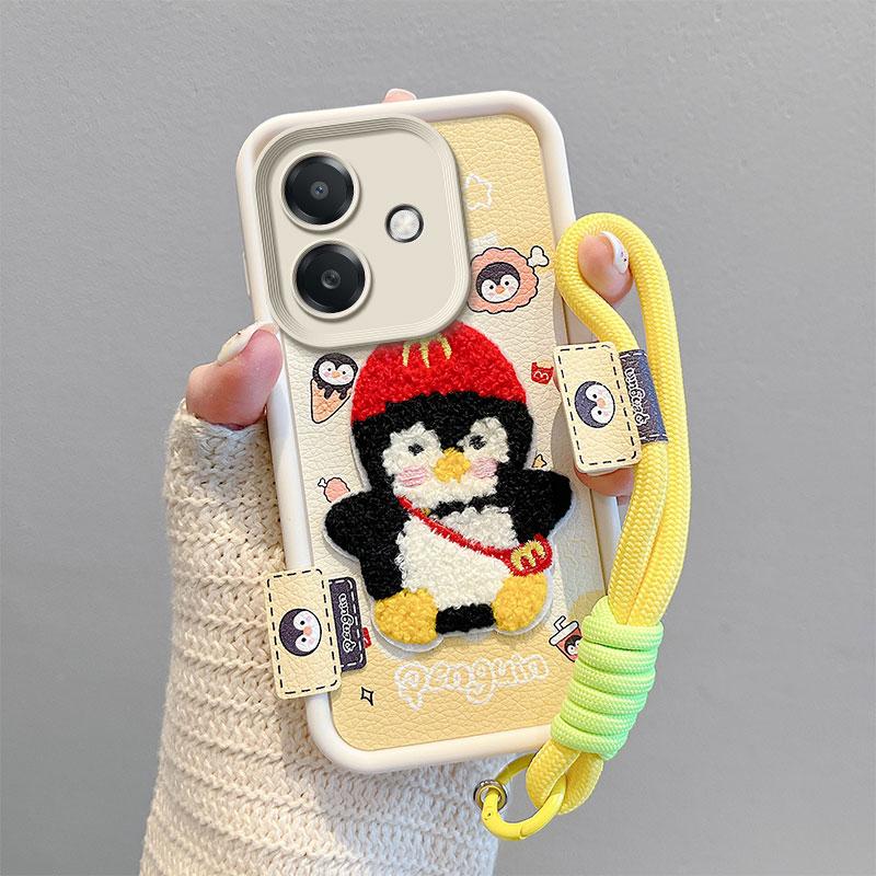 KEYSION Cartoon Cute Plush Embroidery Case for OPPO A5i with Lanyard Silicone Shockproof Phone Back Cover for OPPO A5i