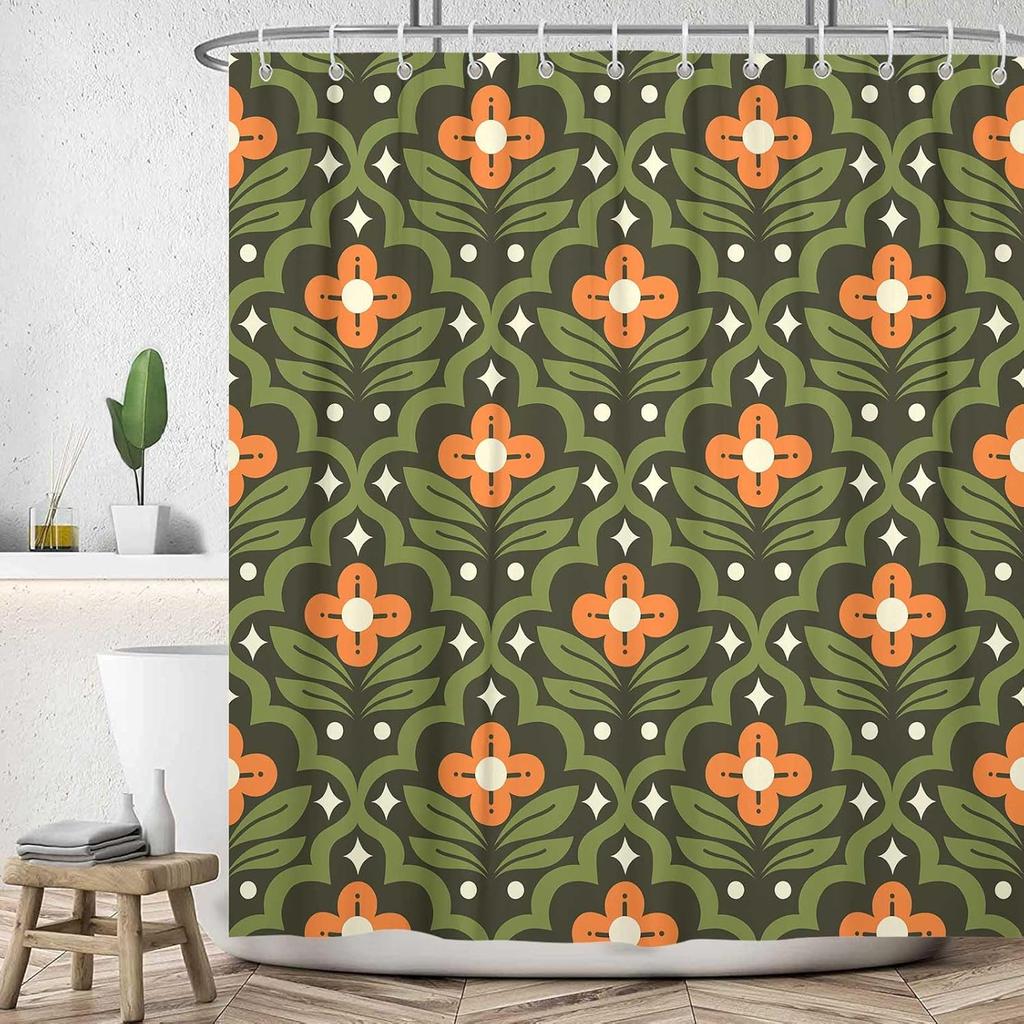 JAWO Vintage Boho Floral Shower Curtain, Green Orange Retro Flower Fabric Shower Curtains Set for Bathroom Decorative, Mid Century Modern Abstract