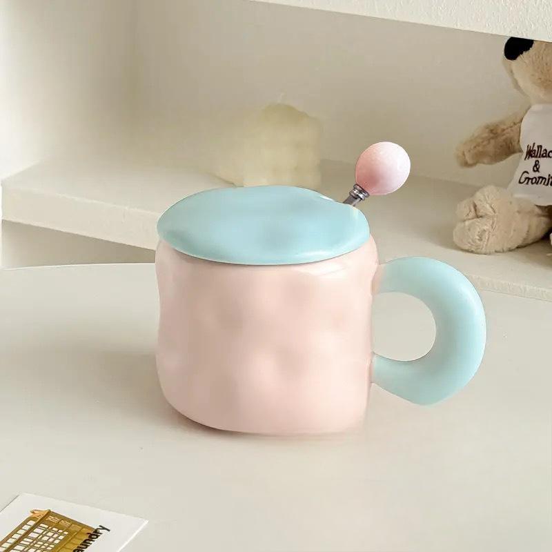 Cute High value Mug with Lid for Girls Office Coffee Cup Contrast Couple Cup
