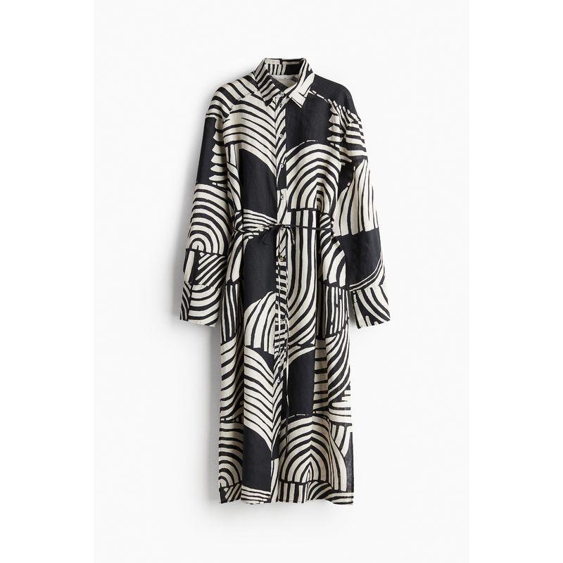 

HM Женская одежда Платье Осень Морской отдых Льняная рубашка Темперамент Миди-юбка 1216689 Black/Pattern 155/80A