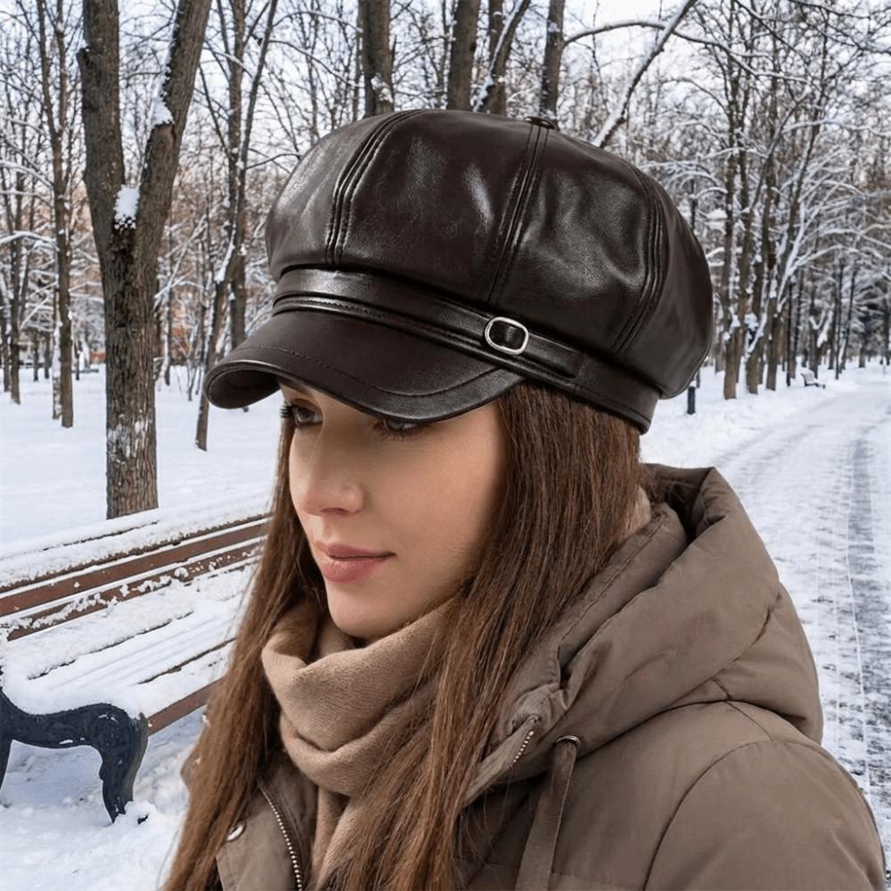 Solid Color Leather Painter Hat Versatile Octagonal hat Casual PU Beret Cap  Autumn Winter